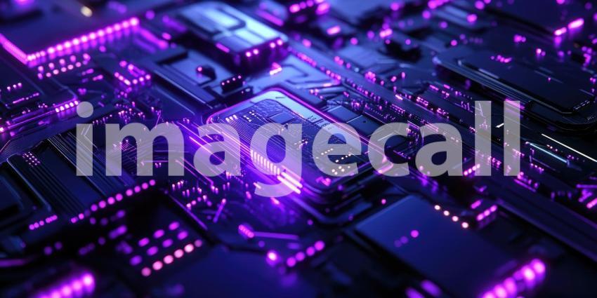 Purple Circuit Board Glow: Electronic Components and Light Trails, Close-Up of Futuristic Technology with Vibrant Color and Intricate Detail.