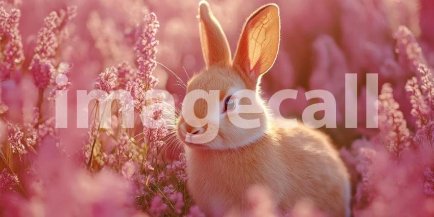 Digital Rabbit in Meadow: Soft Light on Fur and Flowers, 3D Rendered Animal in a Serene, Enchanted Forest Scene.