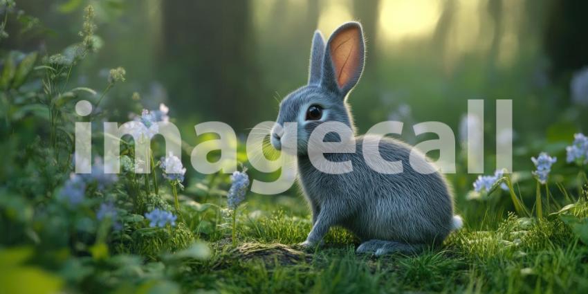 Digital Rabbit in Meadow: Soft Light on Fur and Flowers, 3D Rendered Animal in a Serene, Enchanted Forest Scene.