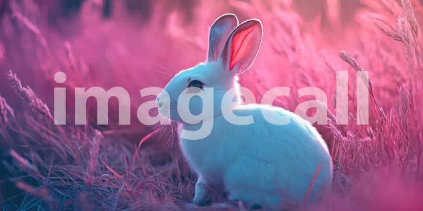 Digital Rabbit in Meadow: Soft Light on Fur and Flowers, 3D Rendered Animal in a Serene, Enchanted Forest Scene.