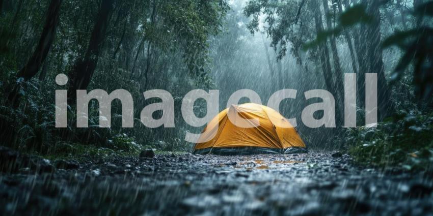 Rainy Forest Camp: Yellow Tent in Downpour, Dark Trees and Wet Ground, a Solitary Shelter in Nature's Stormy Embrace.