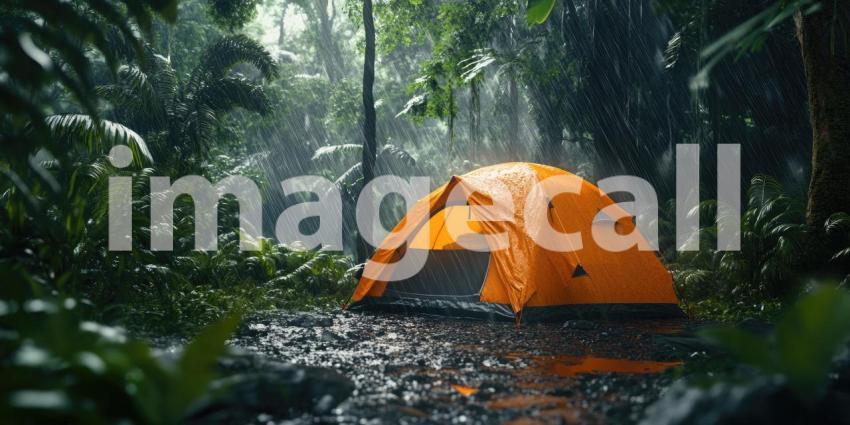 Rainy Forest Camp: Yellow Tent in Downpour, Dark Trees and Wet Ground, a Solitary Shelter in Nature's Stormy Embrace.