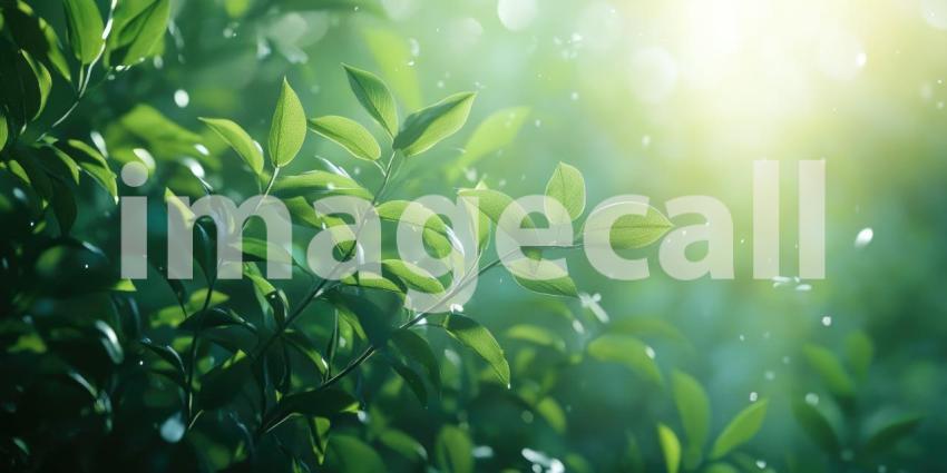 Sunlit Green Leaves: Water Droplets and Soft Bokeh, Natural Light on Lush Foliage, a Serene and Refreshing Botanical Scene.