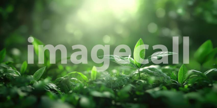 Sunlit Green Leaves: Water Droplets and Soft Bokeh, Natural Light on Lush Foliage, a Serene and Refreshing Botanical Scene.