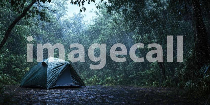 Rainy Forest Camp: Yellow Tent in Downpour, Dark Trees and Wet Ground, a Solitary Shelter in Nature's Stormy Embrace.