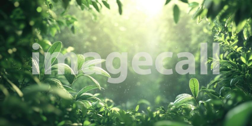 Sunlit Green Leaves: Water Droplets and Soft Bokeh, Natural Light on Lush Foliage, a Serene and Refreshing Botanical Scene.