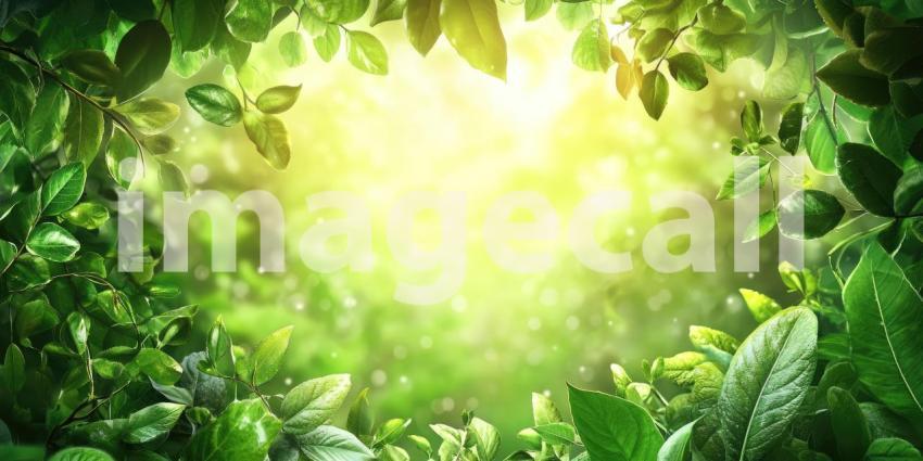 Sunlit Green Leaves: Water Droplets and Soft Bokeh, Natural Light on Lush Foliage, a Serene and Refreshing Botanical Scene.