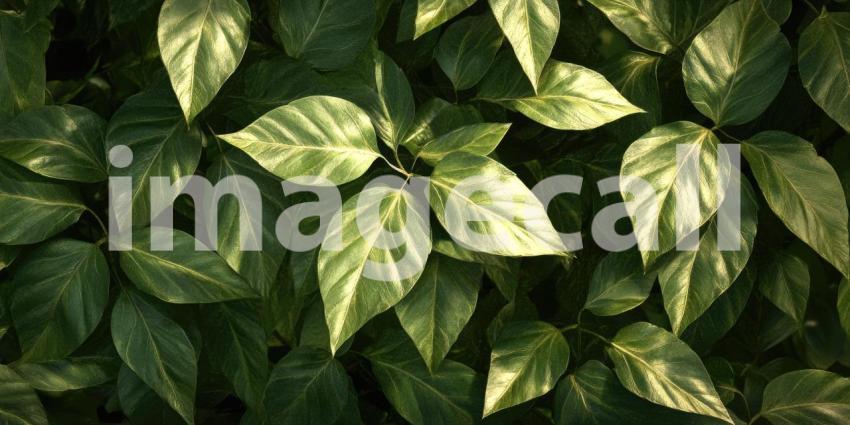 Sunlit Green Leaves: Water Droplets and Soft Bokeh, Natural Light on Lush Foliage, a Serene and Refreshing Botanical Scene.