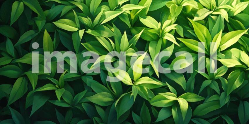 Sunlit Green Leaves: Water Droplets and Soft Bokeh, Natural Light on Lush Foliage, a Serene and Refreshing Botanical Scene.