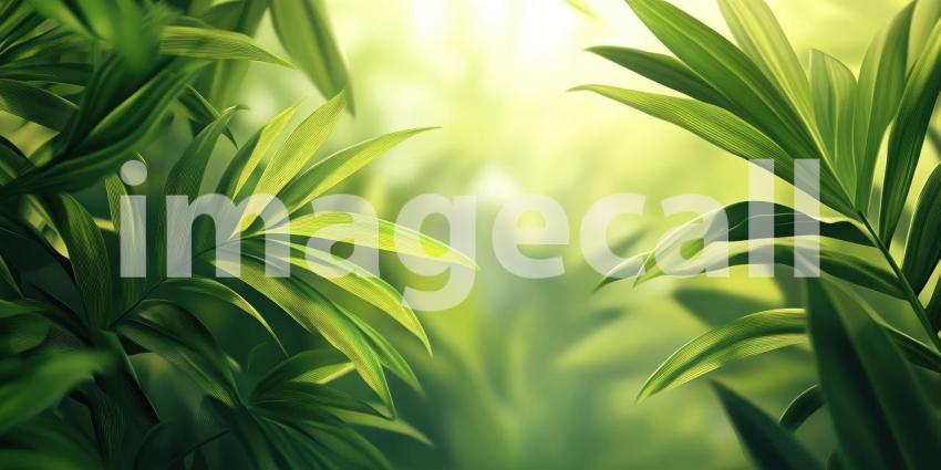 Sunlit Green Leaves: Water Droplets and Soft Bokeh, Natural Light on Lush Foliage, a Serene and Refreshing Botanical Scene.