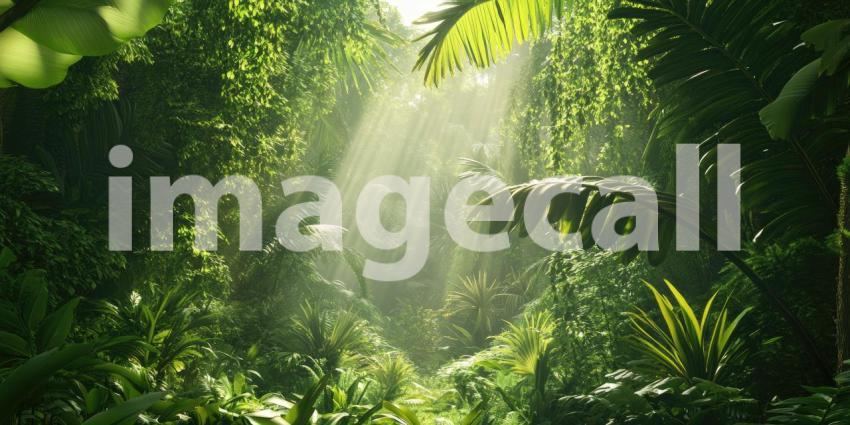 Sunlit Green Leaves: Water Droplets and Soft Bokeh, Natural Light on Lush Foliage, a Serene and Refreshing Botanical Scene.
