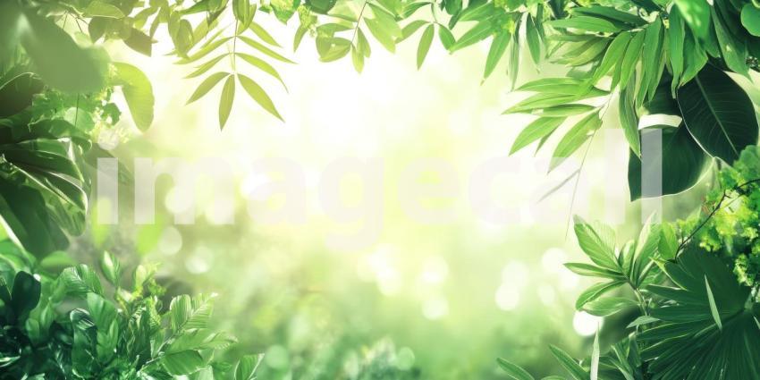 Sunlit Green Leaves: Water Droplets and Soft Bokeh, Natural Light on Lush Foliage, a Serene and Refreshing Botanical Scene.