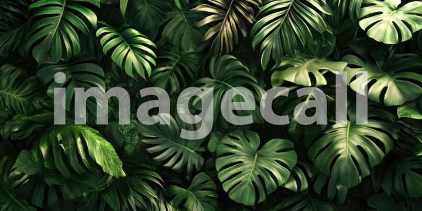 Sunlit Green Leaves: Water Droplets and Soft Bokeh, Natural Light on Lush Foliage, a Serene and Refreshing Botanical Scene.