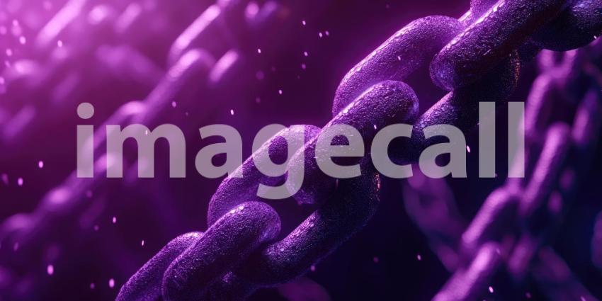 Luminous Purple Chain: Interlinked Glossy Segments with Bokeh Lights, Close-Up of Abstract Structure and Vibrant Color in a Digital Design.