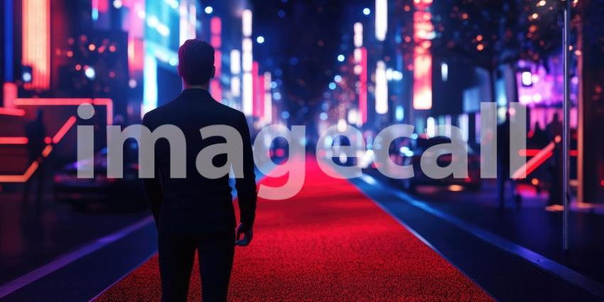 Neon City Street: Glowing Signs and Red Carpet, Urban Nightscape with Futuristic Architecture, a Vibrant and Immersive Cyberpunk Scene.