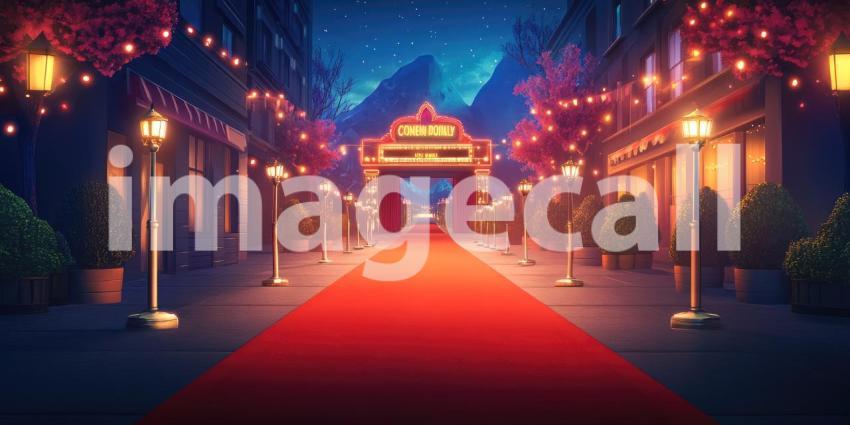 Neon City Street: Glowing Signs and Red Carpet, Urban Nightscape with Futuristic Architecture, a Vibrant and Immersive Cyberpunk Scene.