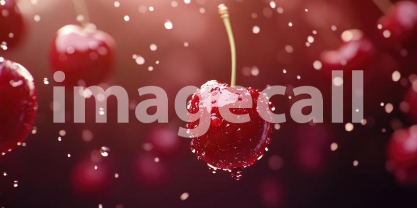 Rain-Kissed Cherries: Red Fruit and Water Droplets, Close-Up of Branch Against a Blurred, Wet Window in a Serene, Natural Scene.