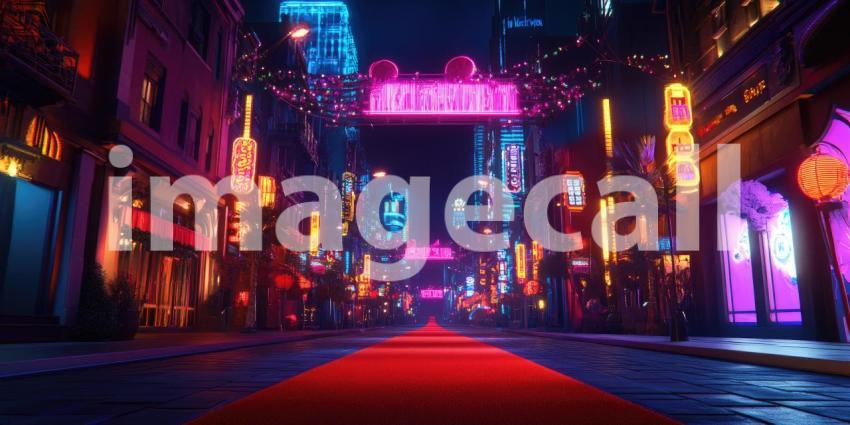 Neon City Street: Glowing Signs and Red Carpet, Urban Nightscape with Futuristic Architecture, a Vibrant and Immersive Cyberpunk Scene.