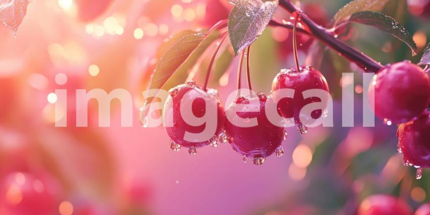 Rain-Kissed Cherries: Red Fruit and Water Droplets, Close-Up of Branch Against a Blurred, Wet Window in a Serene, Natural Scene.