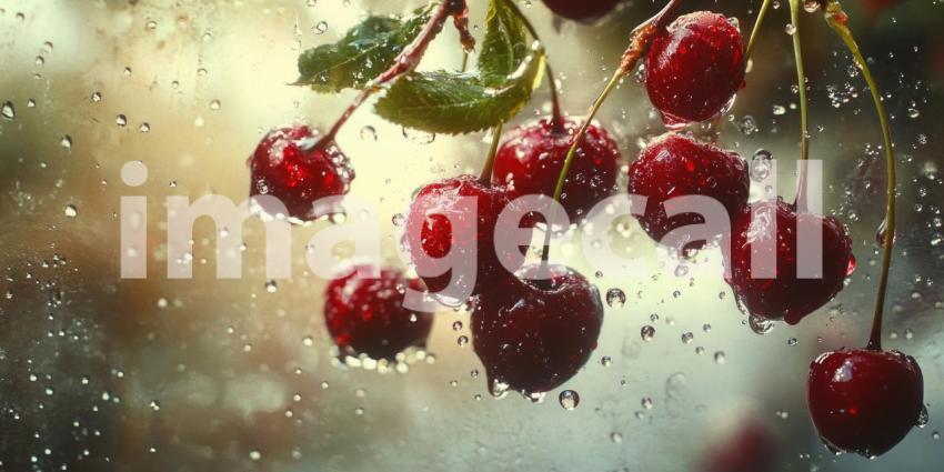 Rain-Kissed Cherries: Red Fruit and Water Droplets, Close-Up of Branch Against a Blurred, Wet Window in a Serene, Natural Scene.