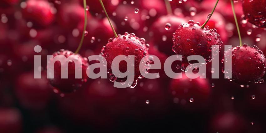 Rain-Kissed Cherries: Red Fruit and Water Droplets, Close-Up of Branch Against a Blurred, Wet Window in a Serene, Natural Scene.