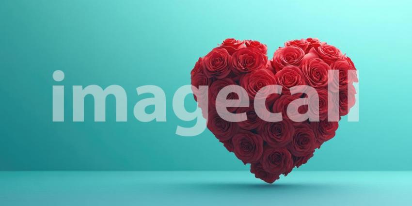 Rose Heart: Red Flowers in Heart Shape, Romantic Symbol on Teal Background, Valentine's Day Gift of Love and Affection.