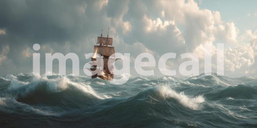 A weathered pirate ship bravely sails through treacherous, stormy seas with massive, powerful waves violently crashing around it.