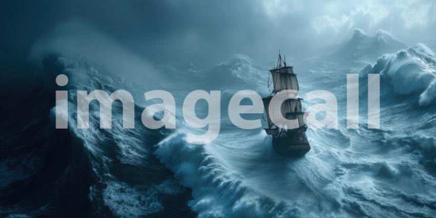 A weathered pirate ship bravely sails through treacherous, stormy seas with massive, powerful waves violently crashing around it.