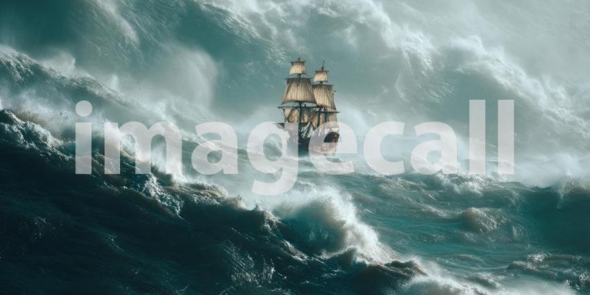 A weathered pirate ship bravely sails through treacherous, stormy seas with massive, powerful waves violently crashing around it.
