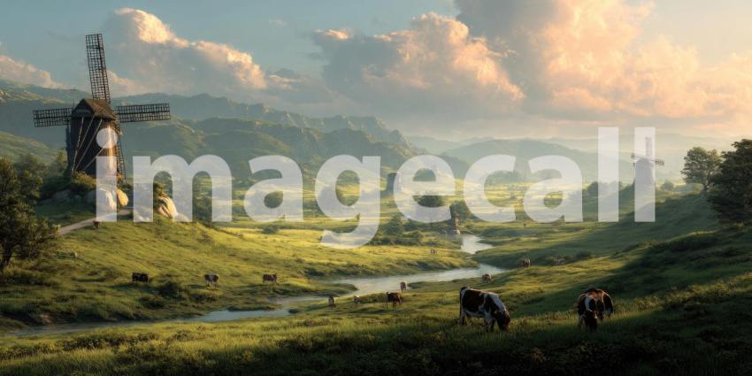 A tranquil countryside panorama unfolds with grazing cows and picturesque windmills dotting the serene, rolling green landscape.