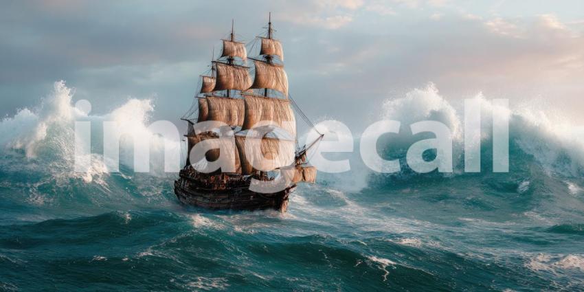 A weathered pirate ship bravely sails through treacherous, stormy seas with massive, powerful waves violently crashing around it.