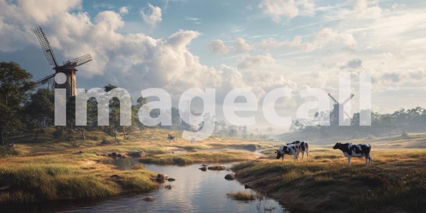 A tranquil countryside panorama unfolds with grazing cows and picturesque windmills dotting the serene, rolling green landscape.