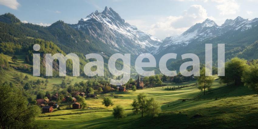 A charming, peaceful village nestled in the majestic Swiss Alps during springtime, surrounded by lush green meadows.