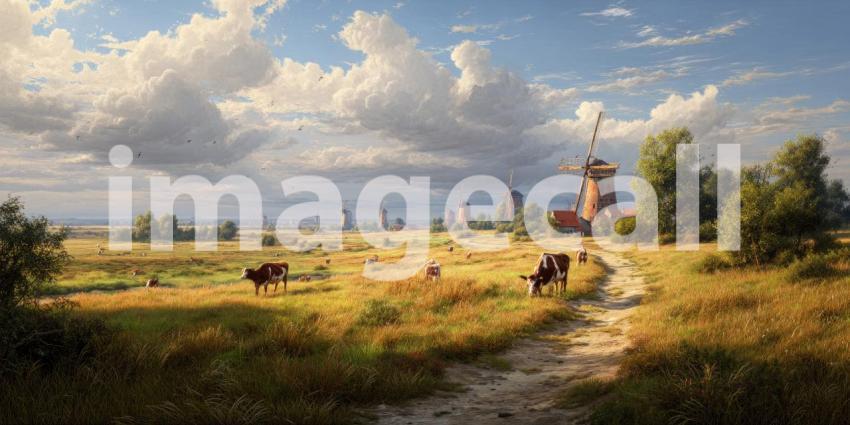 A tranquil countryside panorama unfolds with grazing cows and picturesque windmills dotting the serene, rolling green landscape.