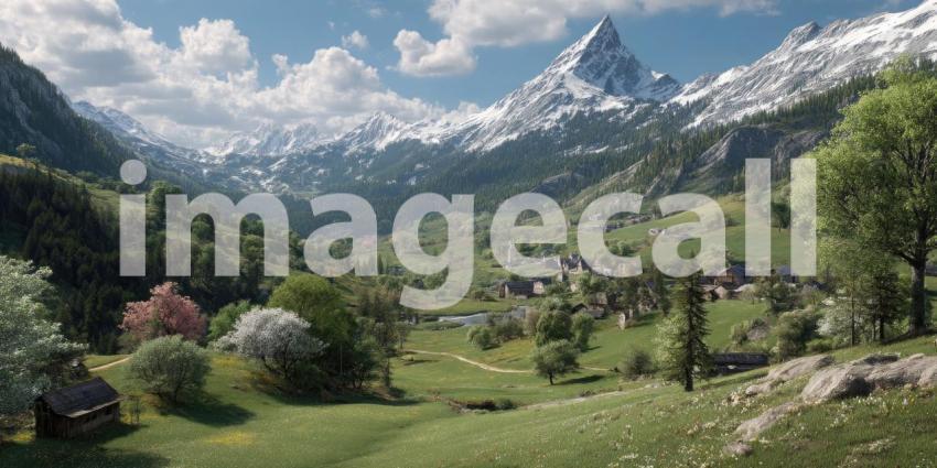A charming, peaceful village nestled in the majestic Swiss Alps during springtime, surrounded by lush green meadows.