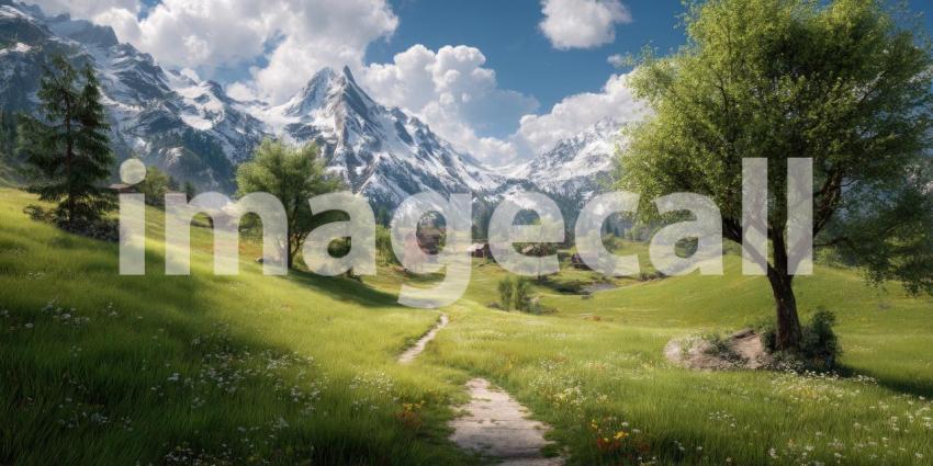 A charming, peaceful village nestled in the majestic Swiss Alps during springtime, surrounded by lush green meadows.
