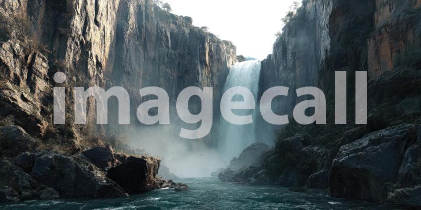 A majestic and powerful waterfall dramatically cascades down rocky cliffs into a deep, ethereal, and misty canyon below.