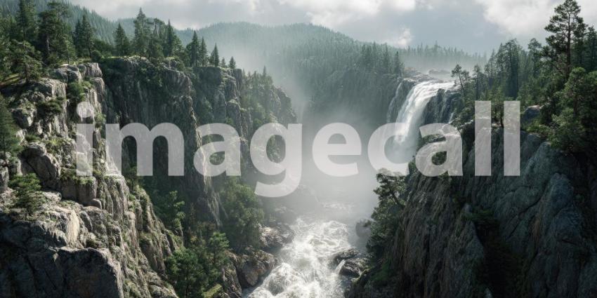 A majestic and powerful waterfall dramatically cascades down rocky cliffs into a deep, ethereal, and misty canyon below.