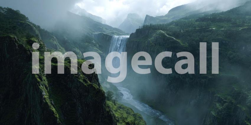 A majestic and powerful waterfall dramatically cascades down rocky cliffs into a deep, ethereal, and misty canyon below.