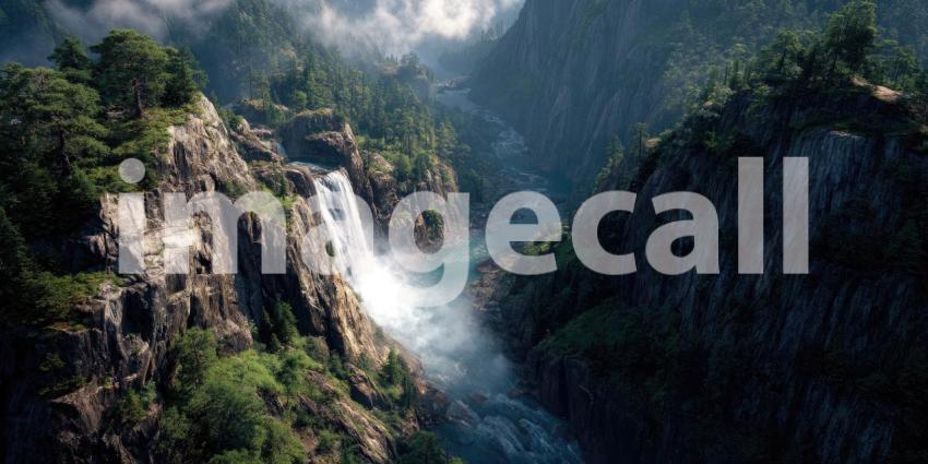 A majestic and powerful waterfall dramatically cascades down rocky cliffs into a deep, ethereal, and misty canyon below.