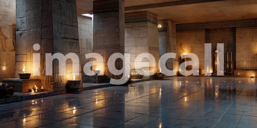 Realistic Pharaoh's Tomb: Ancient Egyptian Interior with Glowing Torches, Hieroglyphs, and Burial Artifacts.