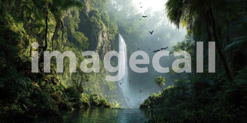 A vibrant rainforest waterfall cascades amidst lush green vegetation, teeming with colorful birds and the sounds of nature.