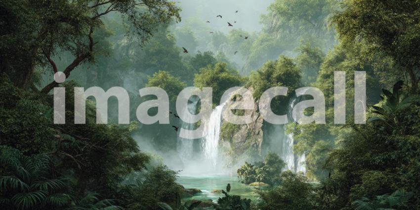 A vibrant rainforest waterfall cascades amidst lush green vegetation, teeming with colorful birds and the sounds of nature.