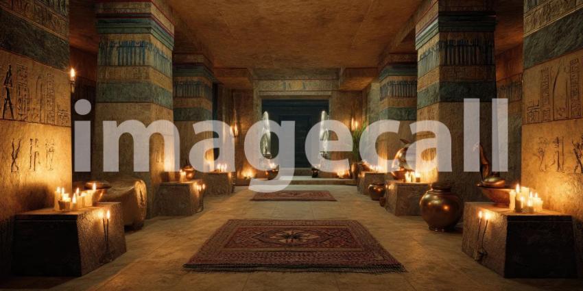Realistic Pharaoh's Tomb: Ancient Egyptian Interior with Glowing Torches, Hieroglyphs, and Burial Artifacts.