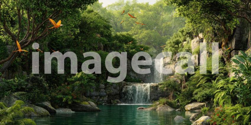 A vibrant rainforest waterfall cascades amidst lush green vegetation, teeming with colorful birds and the sounds of nature.