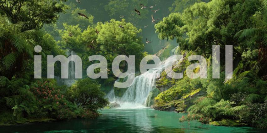 A vibrant rainforest waterfall cascades amidst lush green vegetation, teeming with colorful birds and the sounds of nature.