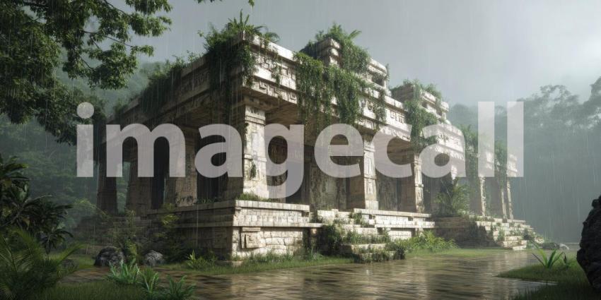 Mystical Mayan Temple Ruins: Realistic Ancient Architecture Enshrouded in Jungle Vines and Ethereal Mist.