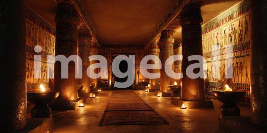 Realistic Pharaoh's Tomb: Ancient Egyptian Interior with Glowing Torches, Hieroglyphs, and Burial Artifacts.