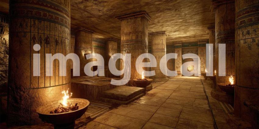Realistic Pharaoh's Tomb: Ancient Egyptian Interior with Glowing Torches, Hieroglyphs, and Burial Artifacts.