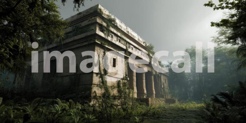 Mystical Mayan Temple Ruins: Realistic Ancient Architecture Enshrouded in Jungle Vines and Ethereal Mist.